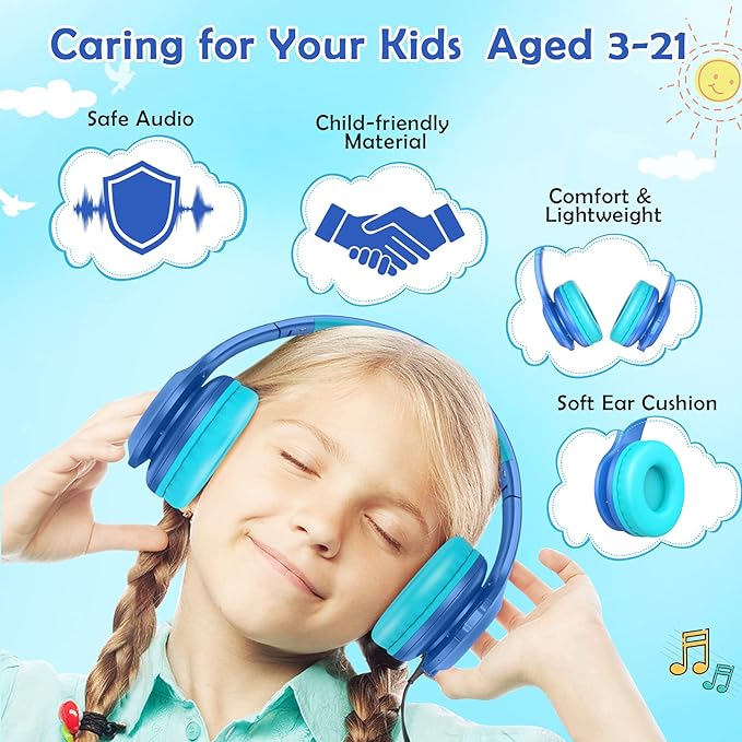 Candy Bila Kids Bluetooth 6.0 Headphones with LED Light, 85Hours Playtimes, Type-C Fast Charging, 85/94dB Volume Limited, Comfort Wireless Headphones with Built-in Mic, Wired & TF Card Mode, Blue