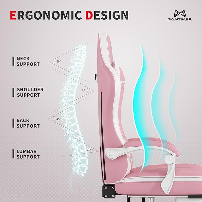 Gamtimer Gaming Chair with Footrest, Ergonomic Computer Chair, PU Breathable Material with Headrest and Lumbar Support, Suitable for Silla Gamer and Adults(Pink)