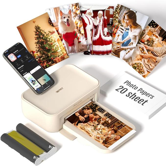 iDPRT 4x6 Photo Printer, CP4100 Photo Printer for iPhone & Android with 20 Sheets & 1 Cartridges, Wi-Fi Wireless Portable Picture Printer, Instant Print Photos, Dye Sublimation, Ideal Gift, Beige