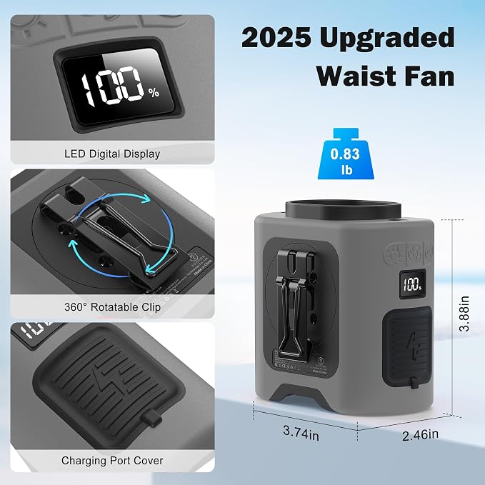 KITWLEMEN Portable Waist Fan, Father Day Gifts for Husband Dad, Blue Collar Worker Belt Clip Fan with Light, Essentials for Camping Gardening, 67H 14500RPM Rechargeable Cooling Gadgets for Men 2026
