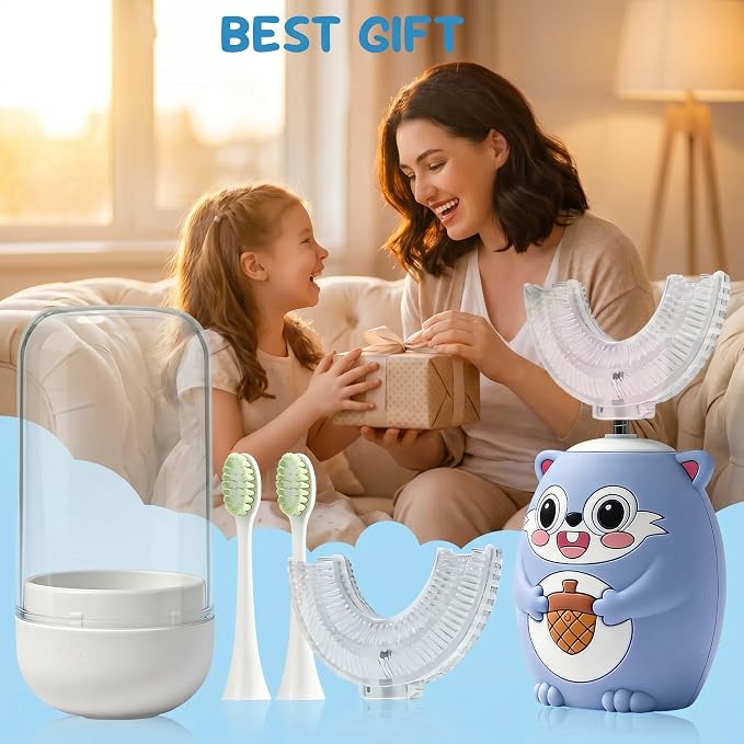Kids U-Shaped Automatic Electric Toothbrush, Children’s 360° Mouthpiece Design for Full-Mouth Cleaning, 3 Cleaning Modes, Cute Animal Squirrel Style