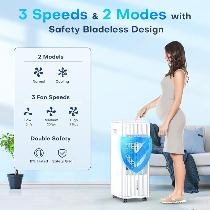 Evaporative Air Cooler, 25 Inch Swamp Cooler Air Conditioner w/Double Tanks, 7H Timer, 16ft Remote, 3 Ice Packs, 70° Oscillation, 3 Speeds & 2 Modes, 60W Portable Windowless Air Conditioner