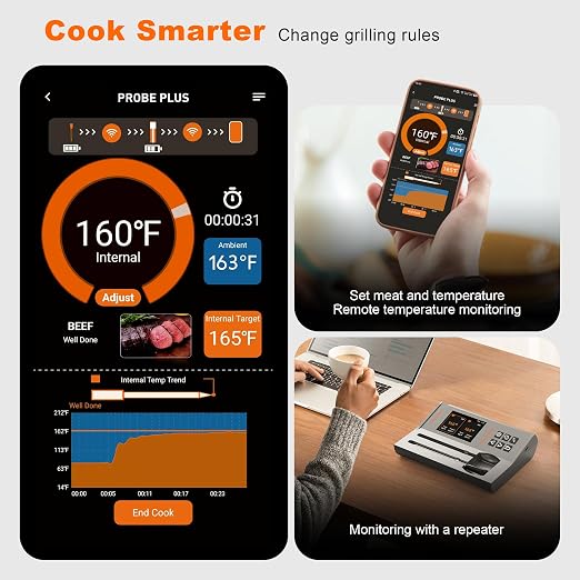 NIGOGOR Dual Probes Meat Thermometer, Smart Digital Magnetic Standalone Base, Bluetooth Wireless Meat Thermometer Remote Tracking and Real-Time Readings, iOS and Android, for Grill, BBQ, Smoker