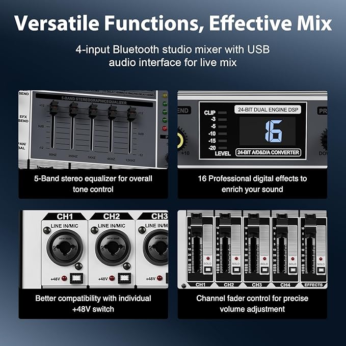 Professional Audio Mixer, Phenyx Pro Sound Console w/USB Audio Interface, 4-Channel Sound board DJ Mixer w/Stereo Equalizer, 16 DSP Effects, suitable for Stage, Live Gigs, and Karaoke (PTX-15)
