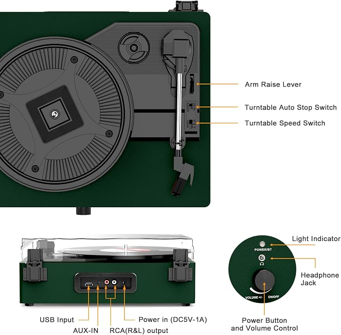 Vinyl Record Player with Built-in Speakers and USB,Belt-Driven Bluetooth Turntable with 3 Speed AUX Input Headphone Jack and RCA Output Vintage Wooden DarkGreen
