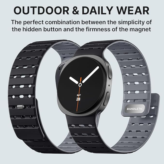 Bandletic Magnetic Silicone Band Compatible with Samsung Galaxy Watch 8 40mm 44mm / Watch 8 Classic 46mm 2025, No Gap Soft Breathable Replacement Strap for Men Women, Black/Gray