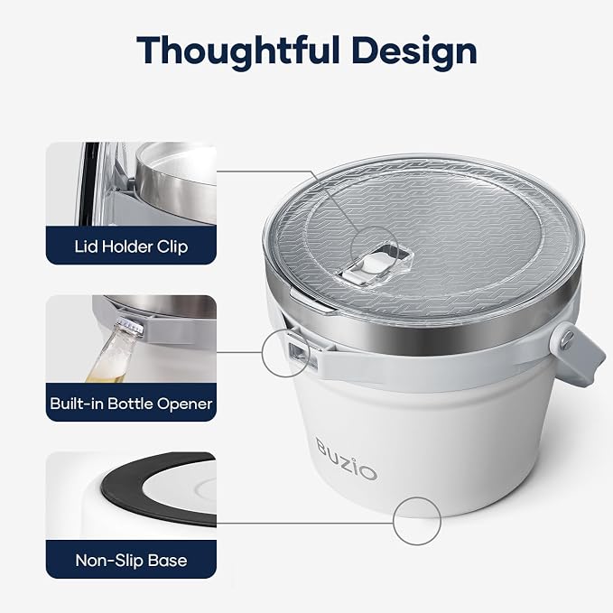 BUZIO 7.4 Qt/7 L Insulated Ice Bucket with Lid, Scoop, Tongs & Metal Cups, 48 Hrs Cold Retention for Party, Stainless Steel Beer Bucket, Holds 6 Longnecks/3 Wine Bottles, for Champagne, White
