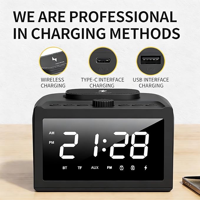 Multifunctional Wireless Charger, Wireless Charging Station with Time and Alarm Clock, Charging Dock with Bluetooth Speaker, 15W Wireless Fast Charging, All-in-One Charging Base,S31 Black.