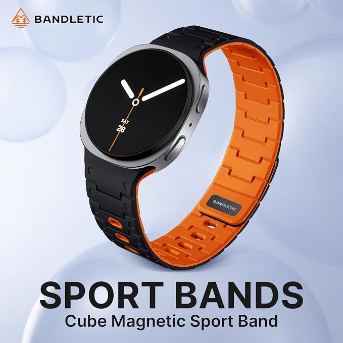 Bandletic Silicone Magnetic Band Compatible with Samsung Galaxy Watch 8 40mm 44mm / 8 Classic 46mm 2025, No Gap Soft Sport Wristbands Breathable Replacement Strap for Men Women, Black/Orange