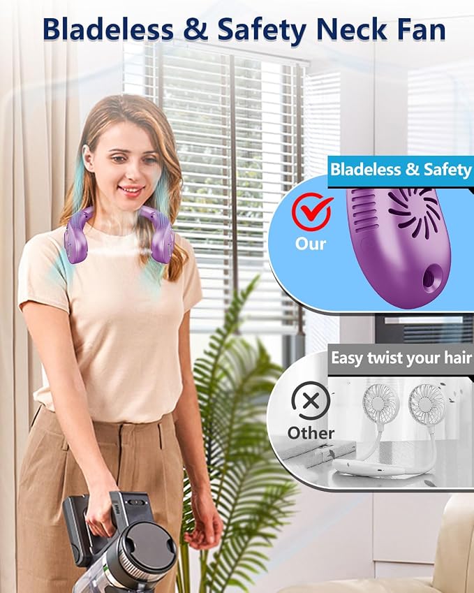 Portable Misting Neck Fans with Water Spray, Rechargeable Long Battery Life, Powerful Air Cooler with LED Display, Personal Compact Wearable Necklace Fan for Kids Adults Elderly Hot Weather, Purple