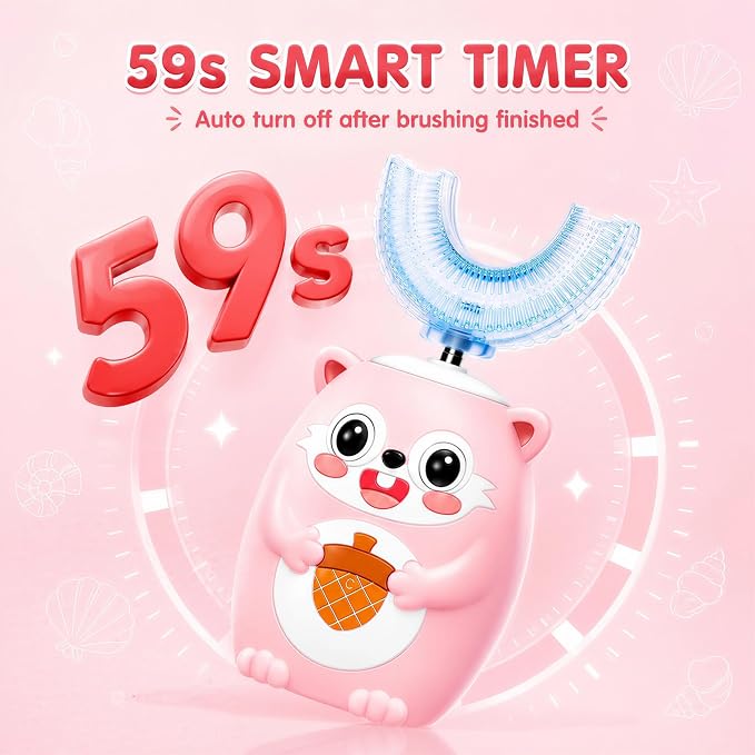 Kids U-Shaped Automatic Electric Toothbrush, Children’s 360° Mouthpiece Design for Full-Mouth Cleaning, 3 Cleaning Modes, Cute Animal Squirrel Style