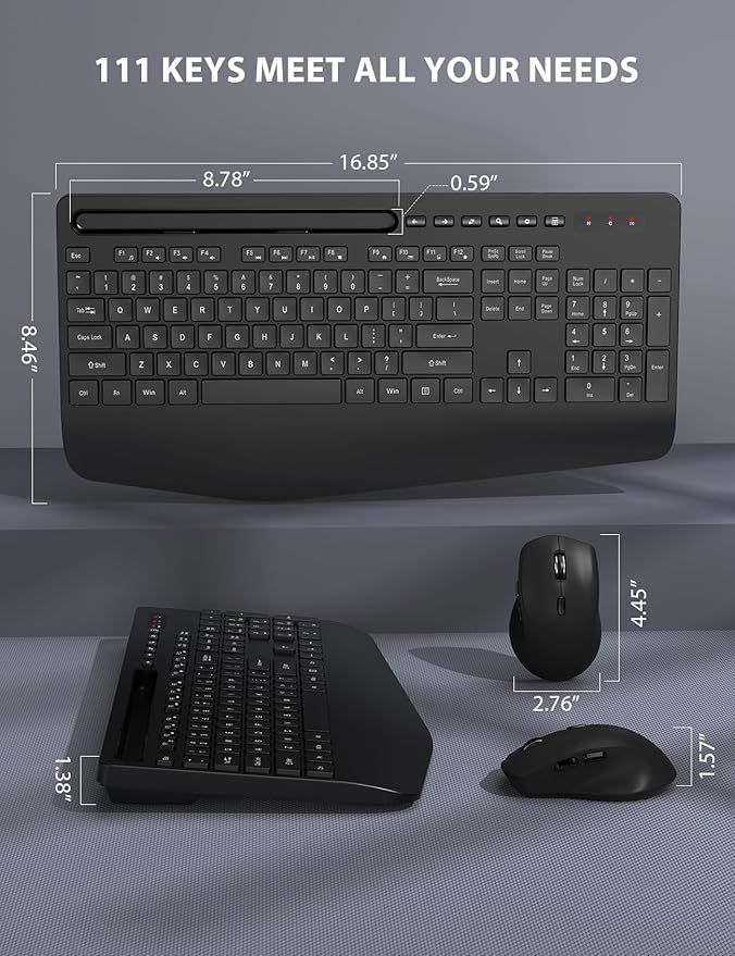 Wireless Keyboard and Mouse Combo - Full-Sized Ergonomic Keyboard with Wrist Rest, Phone Holder, Sleep Mode, 2.4G Quiet Keyboard for PC Laptop, Complete Work Setup for Office or Home -Trueque KM23