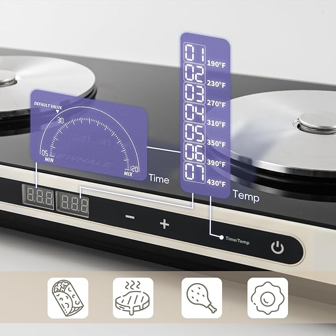 AEWHALE Electric Glass Cooktop 2 Burners with Removable Griddle Pan Non-stick,1800W Electric Hot Plate with Sensor Touch for Adjustable Temperature/Time