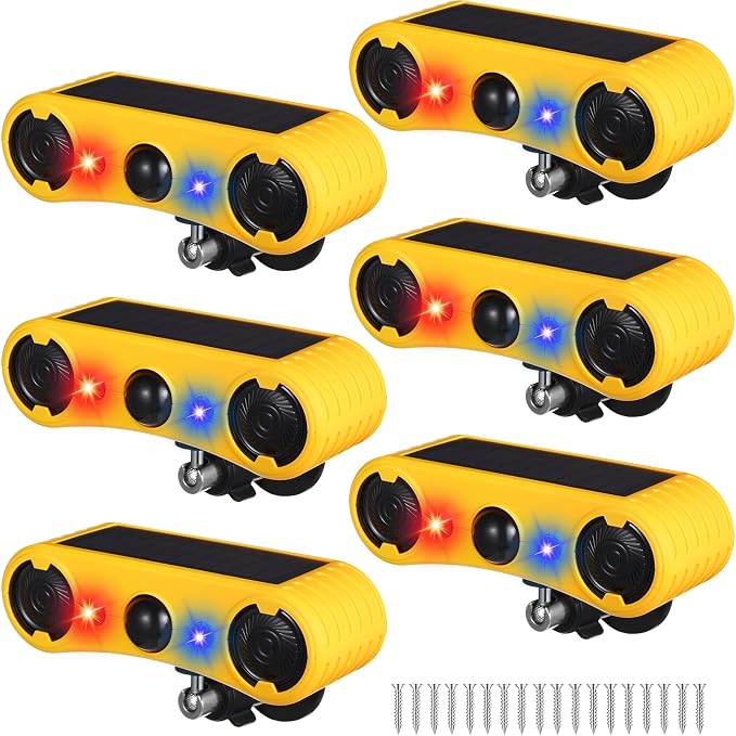 Qualirey Solar Outdoor Motion Sensor Alarm 2 x 129dB Loud Noise Maker 13 Sound Detector Strobe Light, 4 Modes Animal Deterrent Dog Barking Alarm Mount on Ground or Fence for Garden Yard(6 Pack)