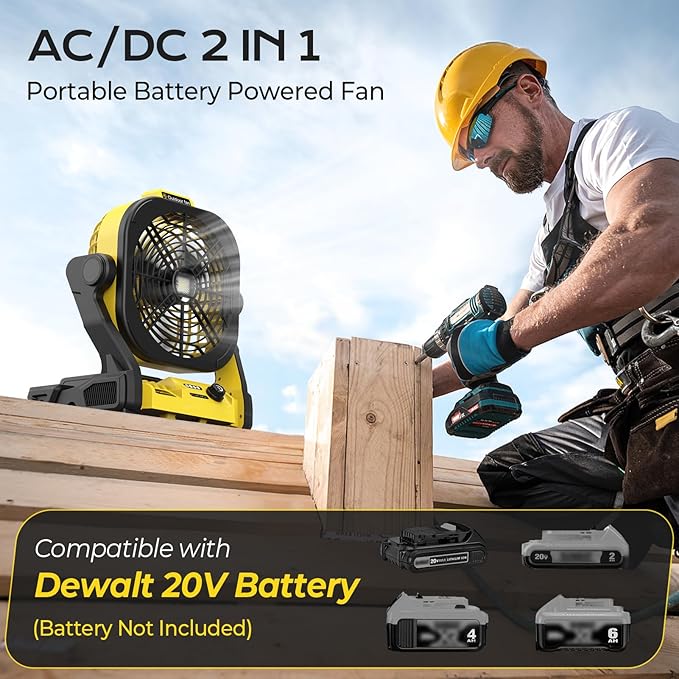 Battery Operated Fan for Dewalt 20V Max battery, Portable Fan with AC Adapter & LED Lights, 4 Speeds & Hook, Cordless/Camping/Battery Powered fan, for Outdoor Jobsite (Battery Not Included)