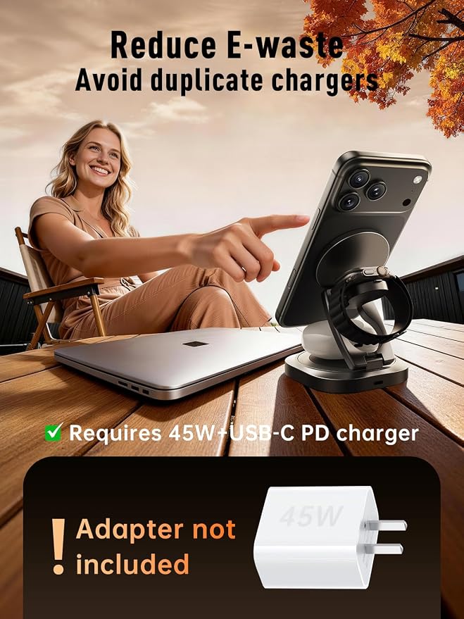 3-in-1 Foldable Qi2.2 25W Magnetic Wireless Charger Stand for iPhone Black | 360° Rotatable Charging Station for Airpods & Apple Phone Watch Earbuds for Travel Desk Home (No Adapter)