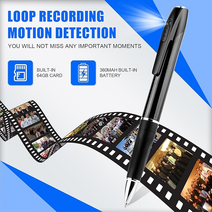 Mini Spy Camera Pen 1080P Full HD Video Recorder with 64GB Card, USB Charging, Security Surveillance Camera
