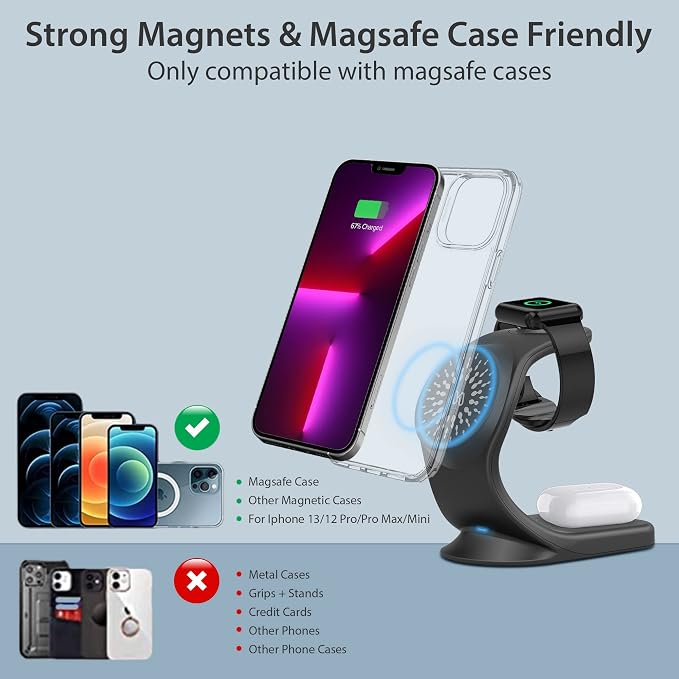 3 in 1 Magsafe Compatible Wireless Charging Station for iPhone 16/15/14/13 /12/12Pro/12Pro Max/12Mini, iWatch 10/9/8/7/6, AirPods 2/Pro, Compatible with MagSafe Cases (QC 3.0 Adapter Included)