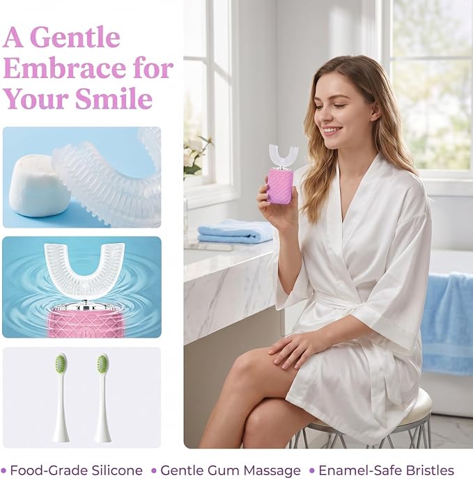 Sonic Electric U Shaped Toothbrush for Adults, Automatic Full Mouth Cleaning Toothbrush, 360° Stain Removal, IPX7 Waterproof Rechargeable, 3 U-Shape & 2 Straight Brush Heads (Pink-Cup)