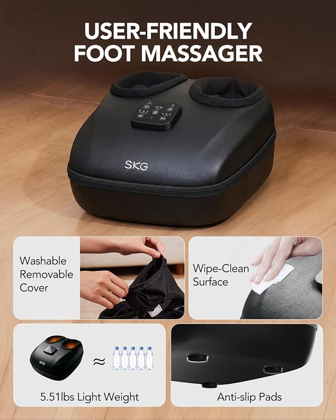 SKG YS100 Shiatsu Foot Massager with Heat and Remote FSA Eligible, 2026 Upgrade Heated Foot Massager for Plantar Fasciitis Neuropathy, 3 Levels Compression Kneading Massage, Up to Size 13, Black