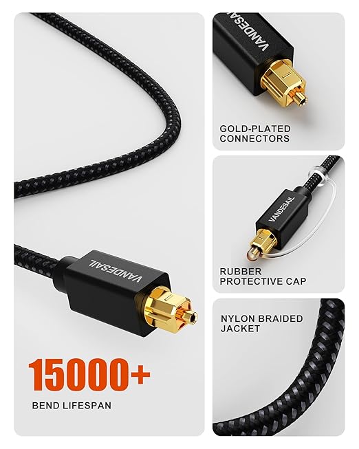 TOSLINK Optical Audio Cable - 2ft/0.6M, Slim Braided Fiber, Digital Optical Audio Cable for Soundbar Gold-Plated Compatible with PS4, Xbox, Samsung,TV
