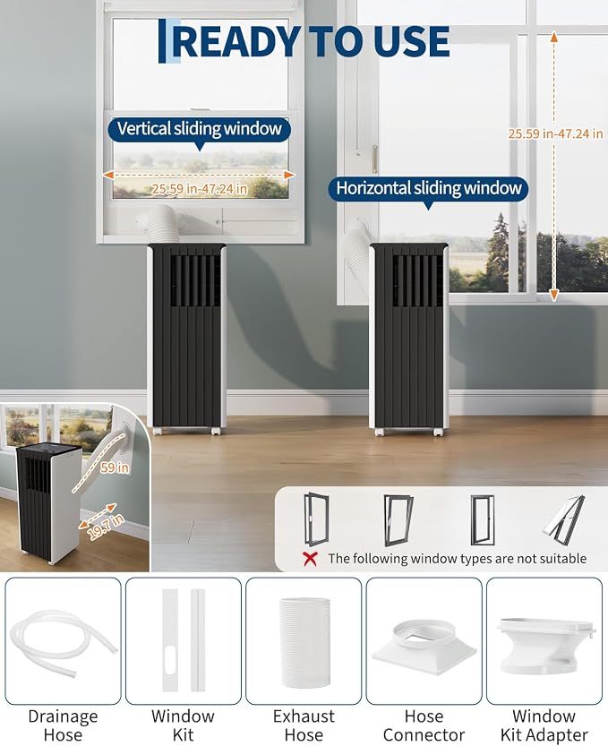 Garvee 8000 BTU Portable Air Conditioner, 3-in-1 Cooling, Dehumidifier & Fan Portable AC for Bedroom & Small Rooms up to 350 Sq. Ft., Sleep Mode, 24-Hr Timer, Remote, Window Kit, 115V, Black Top