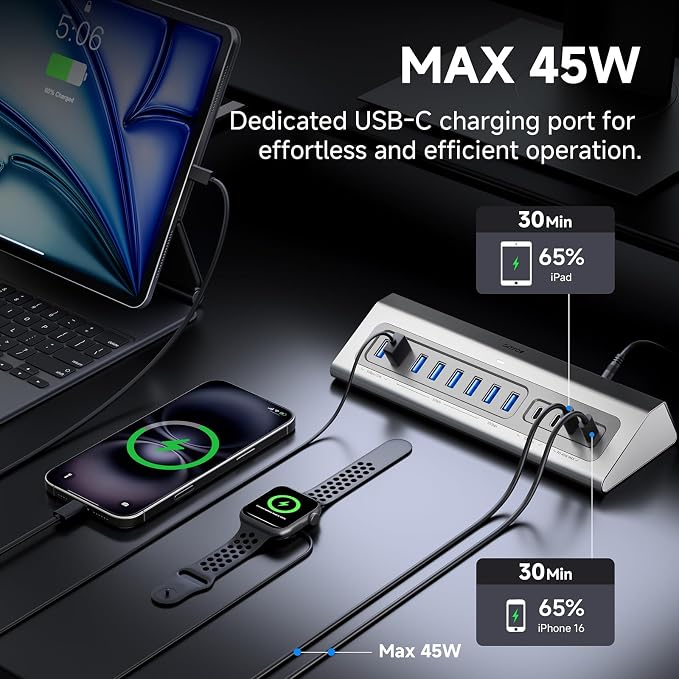 Gitfos Powered USB Hub,15 in 1 USB 3.2 Hub, USB C Hub with PD 100W, USB C 45W Charge, 10Gbps Data, 8 USB A, 65W Power Adapter, 3.3FT Cable, Aluminum USB Hub for PC, Laptop, Mac, Mac mini, iMac, iPad