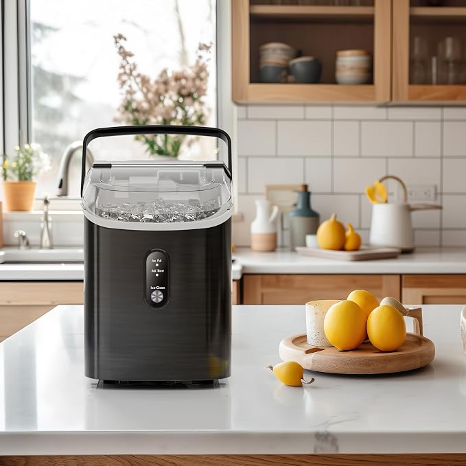 Antarctic Star Nugget Ice Makers Countertop with Self-Cleaning, 35lbs/24H, Portable Sonic Ice Maker Machine with Handle/Basket/Scoop for Home, Kitchen, Office, Camping(Stainless Steel Black)