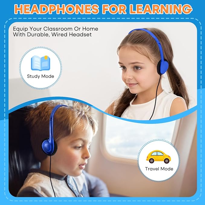 Kids Headphones Bulk 12 Pack for School Classroom Student Children Toddler Boys Girls Teen and Adults, Wholesale Wired Computer Earphones Class Set for Library Museums Airplane (HY857,12 Blue)