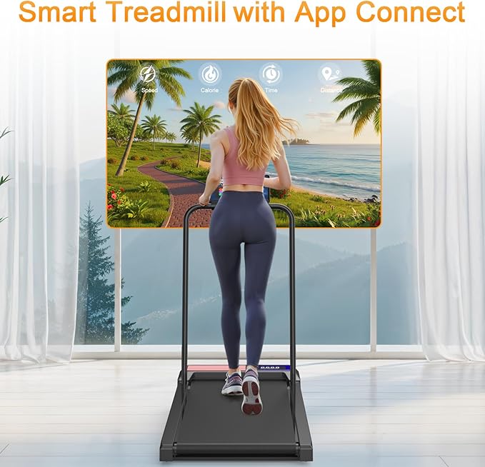 HOELLL Treadmills for Home Small with 0%-8% Incline and APP Sync, Compact Under Desk Walking Treadmill Pad with Handle Bar Removable, Remote Control and LED Display, 2.5HP