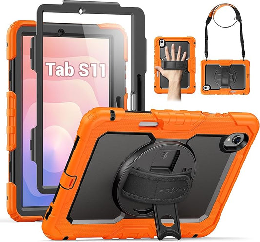 SEYMAC Case for Samsung Galaxy Tab S11 5G 2025 11 Inch, Heavy Duty Shockproof Protective Case with Screen Protector, Rotating Stand, Hand/Shoulder Strap and Pen Holder, Orange
