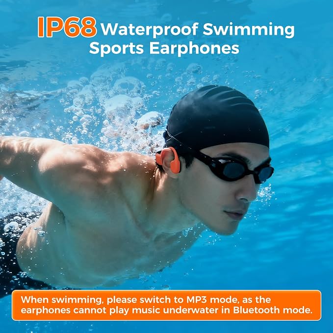 Full-Coverage Liquid Silicone Swimming Headphones, IP68 Waterproof Underwater Headphones, Bluetooth 6.0&MP3 with 32GB Memory Card, Soft/Skin-Comfortable Open Ear Bone Conduction Swim Earbuds(Carrot