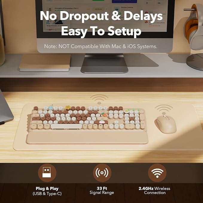 Wireless Keyboard and Mouse Combo, Round Keycaps, Full-Size Retro Typewriter-Style Keyboard with Magnetic Wrist Rest, Tilt Legs, 2.4GHz Cordless for Mac, Windows PC, Laptop, SABLUTE CK23, Latte Beige