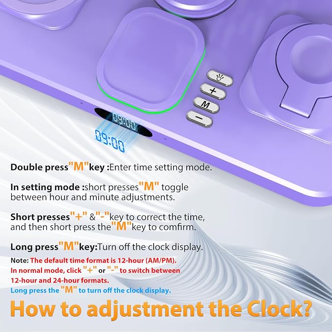 30W Charging Station for Apple Products, Foldable Wireless Charger with Clock Display&7 Color Light, Wired Charging for iPad/Tablet Charging Station for iPhone17, for Apple Watch11 for AirPods4(Purple