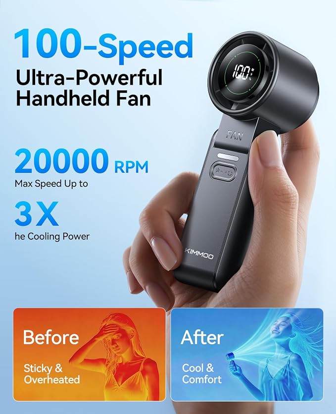 KIMMOO 2 Pack Black Portable Handheld Turbo Fan-100 Speeds, Powerful 20000 RPM, 12Hrs Cooling, USB Rechargeable Mini Hand Held Personal Fan for Travel Makeup Outdoor Indoor