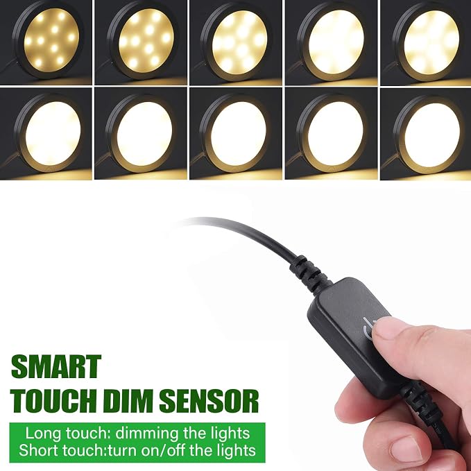 AIBOO LED Under Cabinet Lighting, 12V Under Counter Lights, Touch Dimming Puck Lights, Hardwired or Plug in with UL Listed Adapter, Updated Home Light, Accent Lights 24W (12 Lights Warm White)