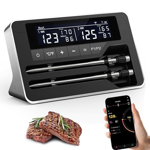 Meat Thermometer Wireless with 2 Probes, 800FT Bluetooth Digital Thermometer with Smart APP, Temp Precise Improved by 100%, Instant Read Food Thermometer with Alerts for Oven Smoker BBQ Grill