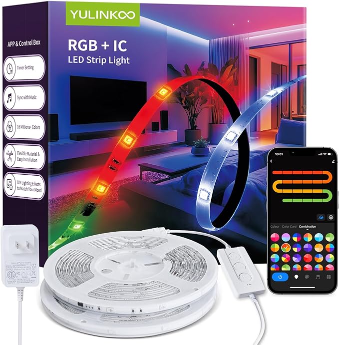 RGB+IC LED Strip Light, 104ft Smart LED Light for Bedroom, Bluetooth APP Control, Color Changing LED Strip Lighting, 44 Scene Modes, Music Sync, TV Backlight Behind Strip, Home Decor, Gaming Room