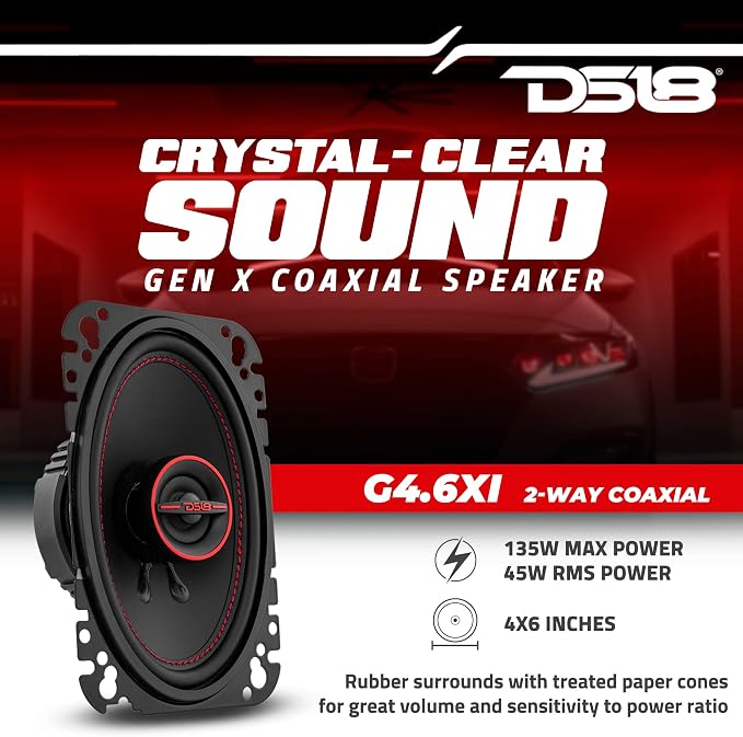 DS18 GEN-X4.6 Coaxial Speaker - 4x6, 2-Way, 135W Max, 45W RMS, Black Paper Cone, Mylar Dome Tweeter, 4 Ohms - Clarity Unparalled by Other Speakers in Their Class (2 Speakers)
