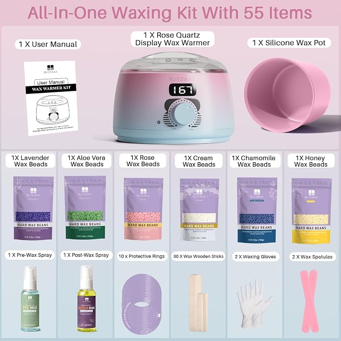 BLITZWAX Brazilian and Bikini Waxing Kit for Women, Hard Wax Warmer for Face, Legs and Body, At Home Hair Removal Kit, Beginner Friendly, Quick Heating, Pink and Blue Gradient Color
