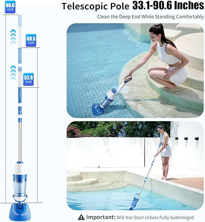 Cordless Pool Vacuum for Inground & Above Ground Pools: 23.8 GPM Powerful Stable Suction, Telescopic Pole up to 90.6", 60-Min Runtime, Extra-Large Filter & Rechargeable Pool Cleaner for Spas/Hot Tubs