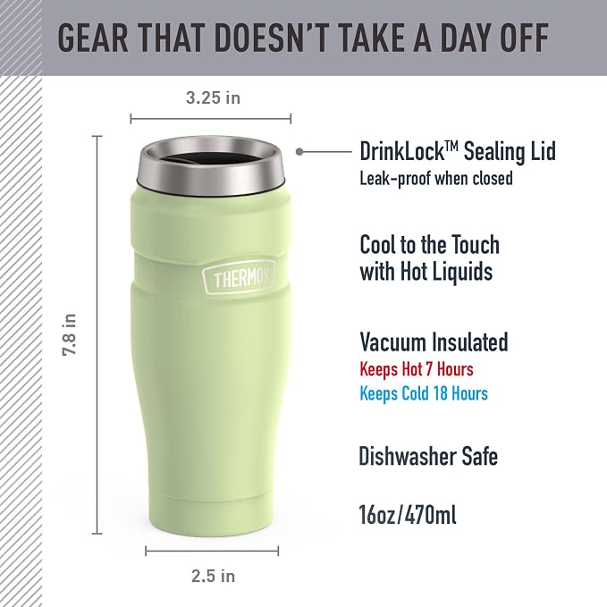 THERMOS Stainless King Vacuum-Insulated Stainless Steel Tumbler - 16oz, Matte Green - Insulated Coffee Tumbler for Hot & Cold Drinks - Leak-Proof & Sweat-Proof for Commuting & Traveling