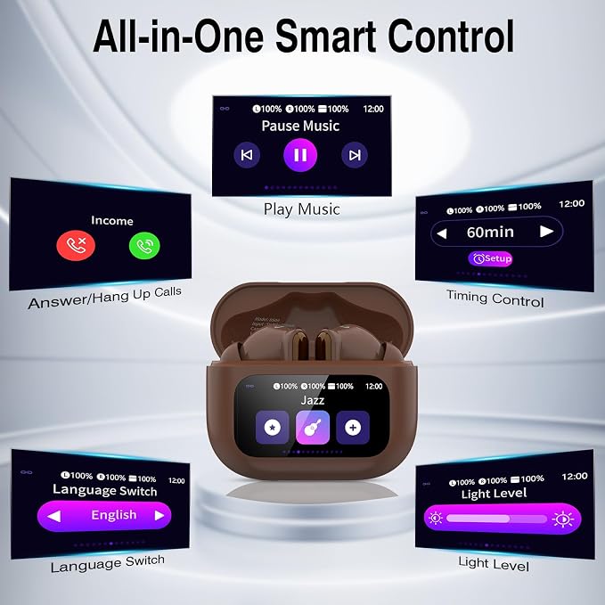 Thunelec Wireless Earbuds with Touch Screen, 2026 New Bluetooth 5.4 Headphones with ANC/ENC Mic, 50H HiFi Stereo Ear Buds with 5 EQ Modes, Transparency Mode, IPX7 Earphones for Running, Brown