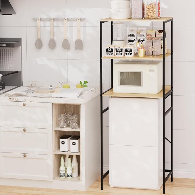 Mini Fridge Shelf Mini Fridge and Microwave Stand Over Mini Fridge Storage Rack 3 Tier Microwave and Fridge Stand Suitable for Dorm, Kitchens, Offices, Natural