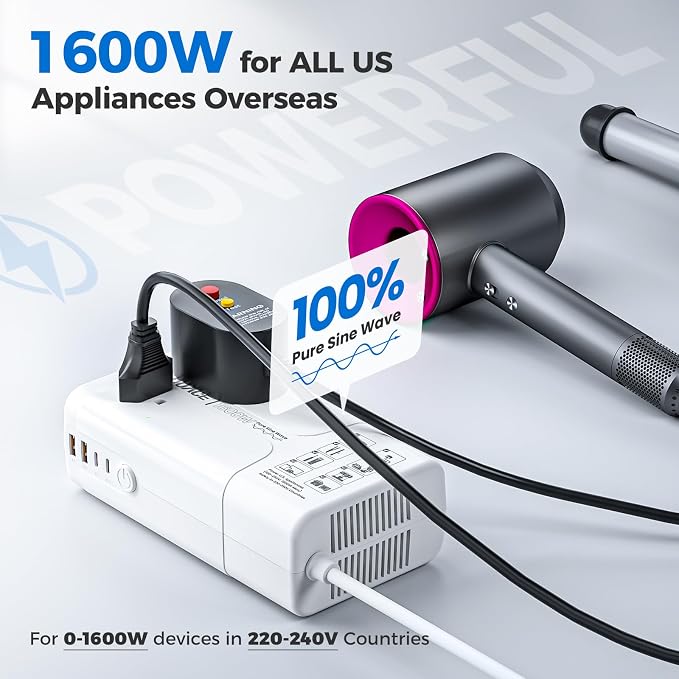 1600W Pure Sine Wave Voltage Converter US to Europe for Hair Dryer Straightener Curling Iron-220V to 110V Converter for European Travel, 6 in1 Power Converter Adapter Combo with UK/AU/EU Plug Adapters