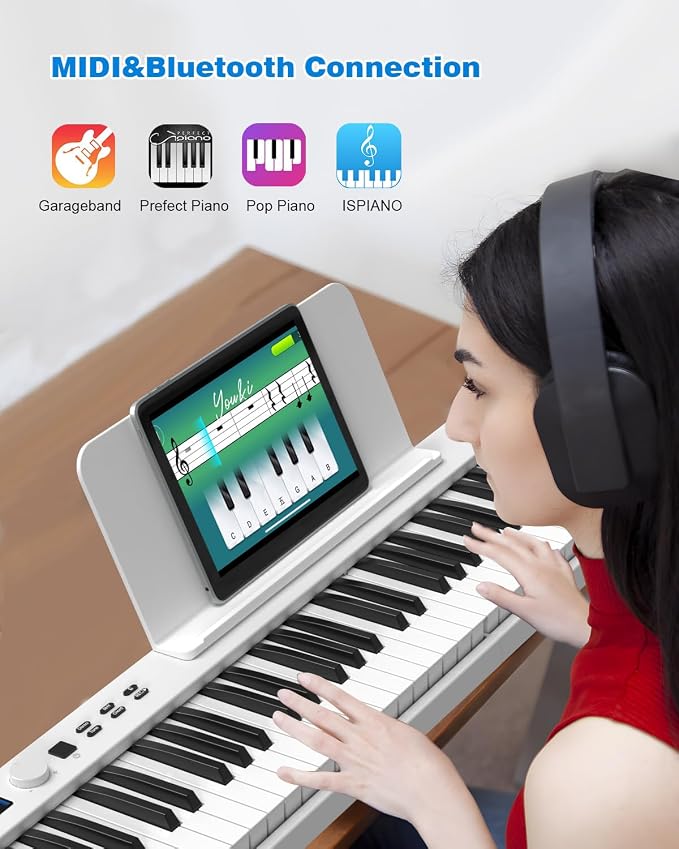 Folding Piano Keyboard 88 Key, Portable Piano Keyboard with Standard Semi Weighted Key, Foldable Piano Support Bluetooth/MIDI with Pedal, Speakers, Ideal for Beginner and Adult