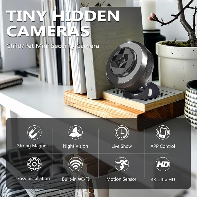 4K Indoor Security Hidden Camera: Mini Spy Camera for Home,Wireless Works with WiFi & Free Cloud Storage,APP Control Smart Motion Detection for Baby/Pet/Parents Surveillance(Deep Black)