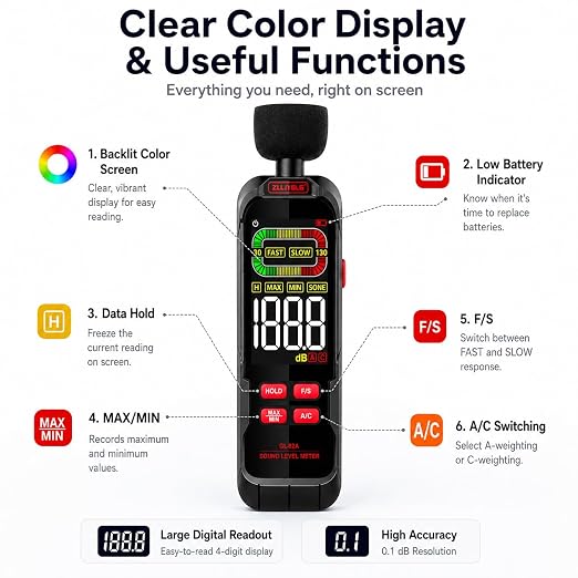 GL82A Digital Sound Level Meter, 30-130dB Decibel Meter with Backlit LCD, High Precision Noise Detector for Home, Office, Factory, Construction & Daily Use | Backlit LCD, High Precision Noise Detector, For Home, Office, Factory, Construction & Daily Use
