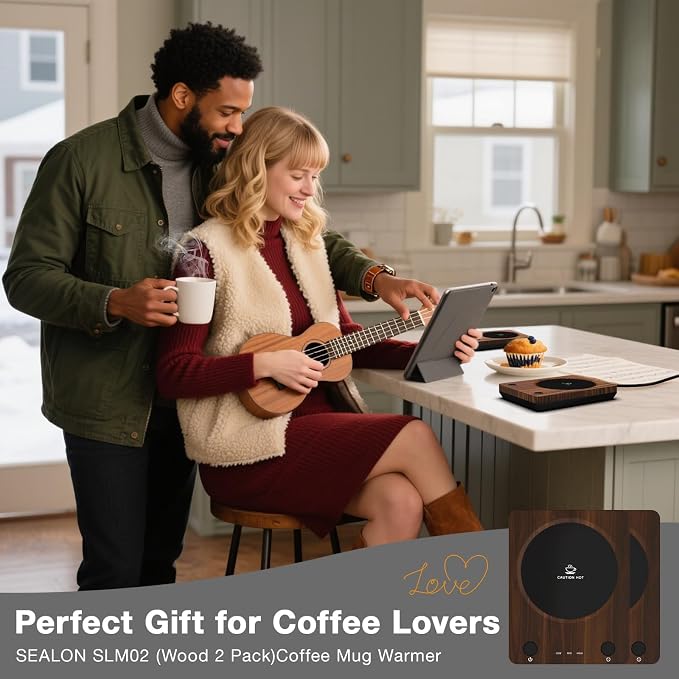 SEALON SLM02 Electric Coffee Mug Warmer (Wood, 2-Pack) - 3-Temperature Desk Cup Warmer with Auto Shut-Off (4 Hours) for Heating Coffee, Tea, Milk & Beverages