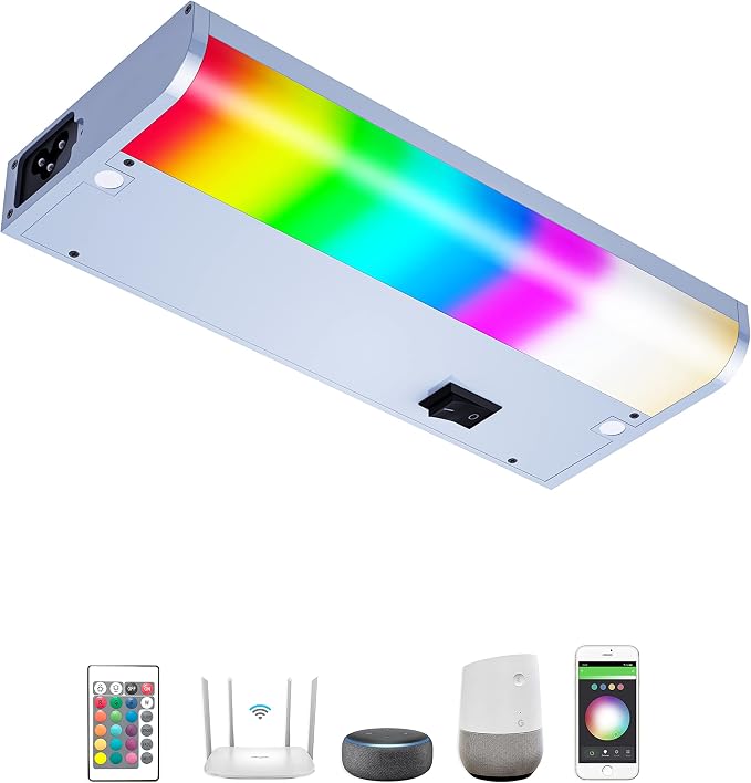 LAMPAOUS Hardwired Under Cabinet Lighting, Dimmable White and Color Changing with Remote Control, Compatible with Alexa, Google Home (9 Inch)